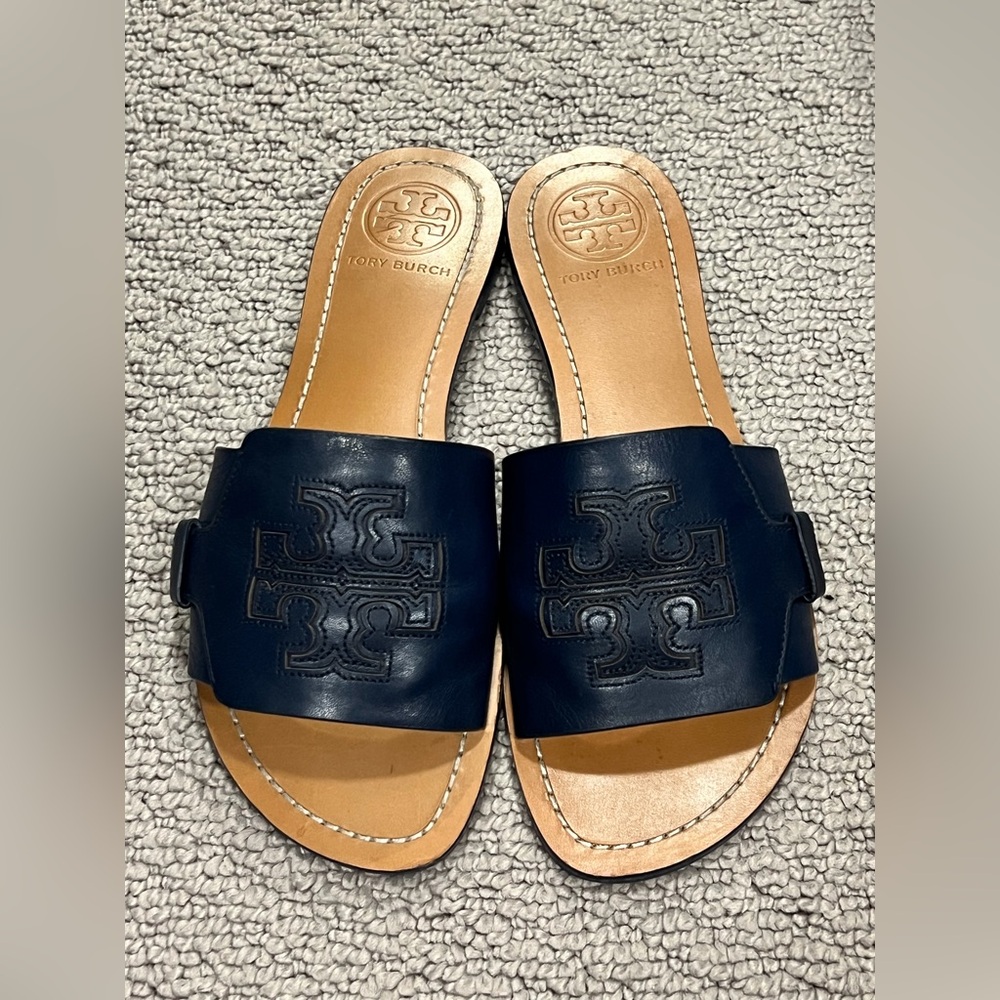 Tory Burch Navy Leather Logo Slide Sandals with Tan Insole